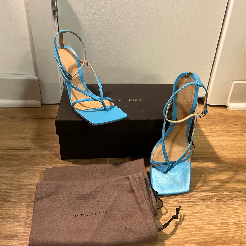 Bottega Veneta Rubber Sole Leather Sandals Kid Lipstick Heel - Sky Blue